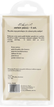 Tył beżowego opakowania zestawu 5 pędzli do makijażu Ewa Schmitt, widoczna lista zastosowań i kod kreskowy.