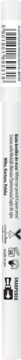 Pionowe, rozmyte ujęcie białej etykiety automatycznej kredki do oczu z niewyraźnym tekstem i symbolami.