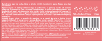 Tył różowego opakowania sztucznych rzęs, widoczne szczegóły produktu, składniki, kody recyklingowe i kod kreskowy.