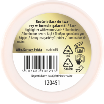 Tył okrągłego rozświetlacza do twarzy Wibo w formule galaretki, z kodem kreskowym i symbolami.