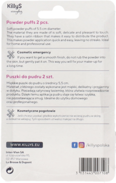 Tył opakowania KillyS Powder Puffs z opisem produktu, instrukcją użycia i kodem kreskowym.