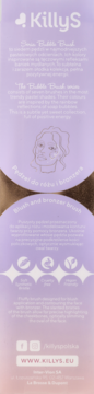 Długie, lawendowe opakowanie pędzla Killys Bubble Brush do różu i bronzera, z grafiką twarzy, widok z przodu.