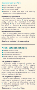 Leaflet with instructions for individual lashes, detailing application, removal, and features in English and Polish.