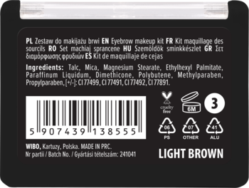 Tył czarnego opakowania Wibo Shape & Define eyebrow makeup kit Light Brown z listą składników i kodem kreskowym.