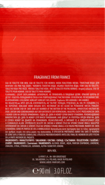 Tył czerwono-czarnego opakowania La Rive Red Line Eau de Toilette dla mężczyzn 90ml, z nutami jabłka i jaśminu.