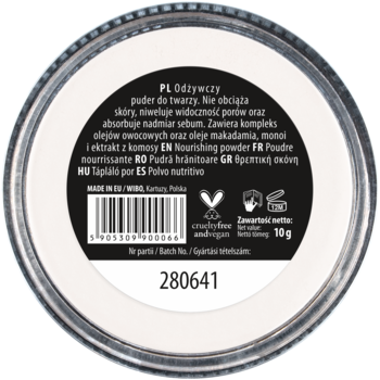 WIBO Serum Powder, odżywczy puder do twarzy, widok z góry na czarną etykietę z tekstem i gramaturą 10g.