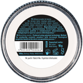 Tył okrągłego, białego opakowania pudru WIBO Serum Powder 10g z opisem i kodem kreskowym, widok z góry.