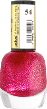 Lakier do paznokci Ados Premium Line nr 54, butelka z błyszczącym fuksjowym lakierem, widok z przodu.