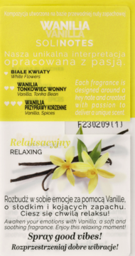 Etykieta Solinotes Vanilla damskiej wody perfumowanej. Żółta góra z nutami zapachowymi, biały dół z wanilią.