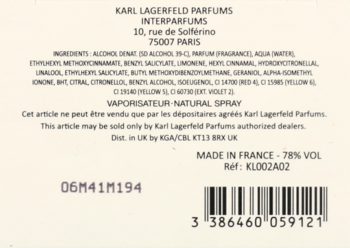 Tył etykiety wody perfumowanej Karl Lagerfeld Parfums z listą składników i kodem kreskowym na jasnym tle.