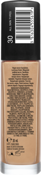 Tył beżowej butelki wegańskiego podkładu serum, odcień 30, ze składem i kodem kreskowym, 30 ml.
