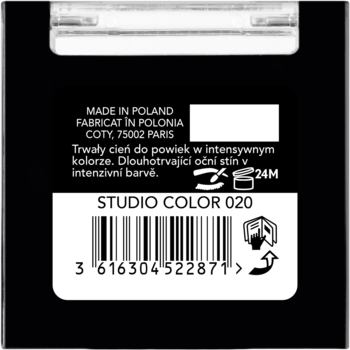 Tył czarnego opakowania cienia do powiek Studio Color 020 z białym tekstem, kodem kreskowym i informacjami.