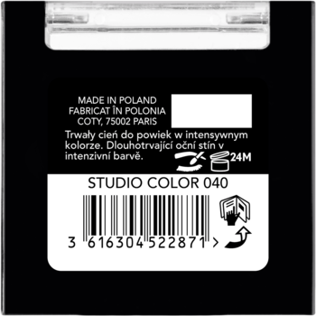 Tył czarnego opakowania cienia do powiek Studio Color 040. Widoczne napisy: Made in Poland i kod kreskowy.