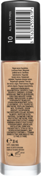 Tył butelki podkładu Naturally Perfect Serum, odcień 10, z kodem kreskowym i listą składników. Dla wszystkich typów skóry.