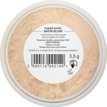 Top view of Satin Glow loose illuminating powder, showing the white lid with product info, barcode, and 3.5g weight.