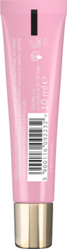 Różowy balsam-serum do ust 10 ml w tubce, widok z tyłu ze złotą zakrętką i kodem EAN.