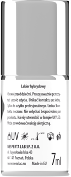 Tył butelki lakieru hybrydowego Semilac 7ml z polską etykietą, ikonami UV, temperatury i informacjami.