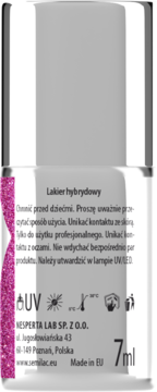 Tył srebrnej butelki lakieru hybrydowego Semilac 7ml z różowym brokatem, instrukcje po polsku.