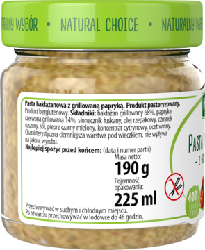Tył słoika pasty bakłażanowej z grillowaną papryką, etykieta z masą netto 190g i bezglutenową informacją.