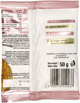 Tył różowego opakowania wegańskiego ciasteczka waniliowego bezglutenowego 50g, widoczne dane odżywcze i barcode.