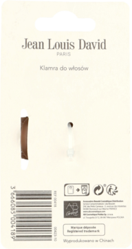 Tylna strona opakowania brązowej klamry do włosów Jean Louis David, z częściowo widocznym klipsem i kodem kreskowym produktu.