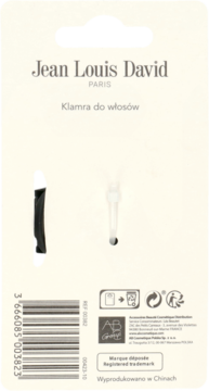 Tył opakowania czarnej, matowej klamry do włosów Jean Louis David z widocznym kodem kreskowym.