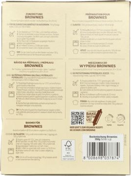Tył beżowego opakowania bezglutenowej mieszanki do pieczenia brownie, z instrukcjami, kodem QR i kodem kreskowym.