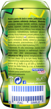 Tył zielonego opakowania gum do żucia Mentos Pure Fresh z polskim tekstem o składzie i kodem kreskowym.