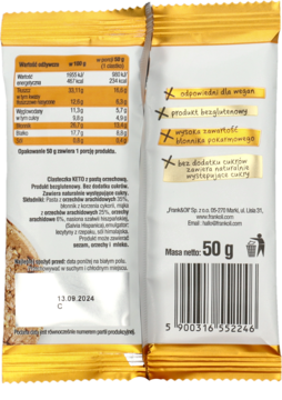 Tył opakowania keto ciasteczka z masłem orzechowym Frank & Oil, widoczne wartości odżywcze i skład.