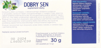 DOBRY SEN suplement diety, biało-niebieskie pudełko herbatki ziołowej na sen, widok z przodu, tekst PL.