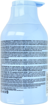 Tył jasnoniebieskiego żelu pod prysznic z pompką. Widoczny opis produktu: 97% składników naturalnych.