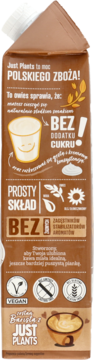 Brązowy karton napoju owsianego Just Plants Barista, widok z boku, tekst "POLSKIEGO ZBOŻA!" i "BEZ DODATKU CUKRU".