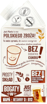 Biały karton Just Plants: napój owsiany, wegański, bez cukru, laktozy i glutenu, z wit. D i B12, widok z przodu.