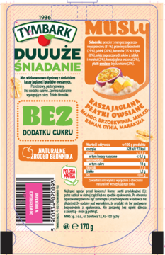 Tymbark Müsli Duuuże Śniadanie, wieloowocowo-dyniowy mus w różowo-pomarańczowym opakowaniu, widok z przodu.