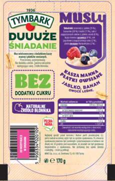 Tymbark Musli Duuuże Śniadanie, kasza manna, płatki owsiane, jabłko, banan, owoce leśne, bez cukru, widok z przodu.