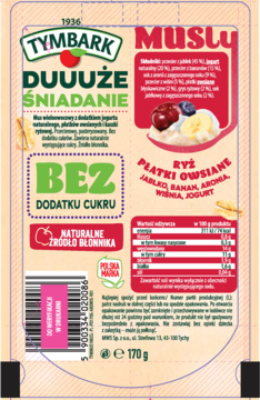 Tymbark Musly Duuuże Śniadanie 170g, zielono-biała saszetka z owocami i jogurtem, widok z przodu, bez cukru.