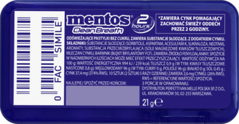 Tył granatowego opakowania Mentos CleanBreath z napisem '2 HOURS', listą składników i kodem kreskowym.