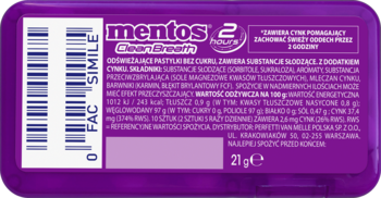 Tył fioletowego opakowania Mentos Clean Breath, bezcukrowe pastylki, widoczne informacje o składzie i kod kreskowy.