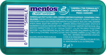 Tył turkusowego opakowania Mentos Clean Breath miętowych pastylek bez cukru, z cynkiem na świeży oddech, listą składników i kodem kreskowym.