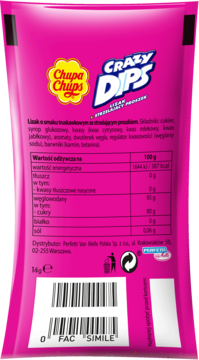 Różowy tył opakowania lizaka Chupa Chups Crazy Dips z proszkiem, z tabelą wartości odżywczych i kodem kreskowym.