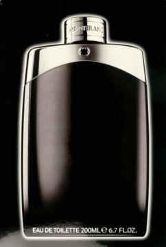 Montblanc Legend woda toaletowa, elegancki czarny flakon z metalicznym srebrnym topem, widok z przodu.