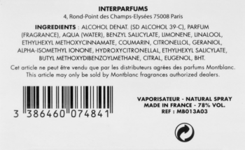 Tył opakowania perfum Mont Blanc Legend Spirit z widoczną listą składników, kodem kreskowym i informacjami.