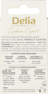 Tył opakowania Delia Eyebrow Expert mydła do brwi Perfect Shaper na beżowym tle, z listą cech produktu.