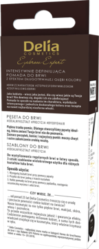 Tył opakowania Delia Eyebrow Expert: pomada do brwi, pęseta, szablony, opis, instrukcje.