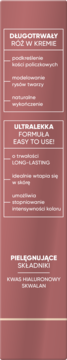 Opakowanie długotrwałego różu w kremie Wonder Blush 02 Dirty Pink, z tekstem o składzie i cechach produktu.