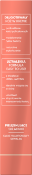 Brzoskwiniowe opakowanie długotrwałego różu w kremie Wonder Blush 03 Fancy Peachy, z białymi napisami, widok z przodu.