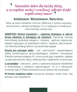 Blok tekstu opisujący składniki kremu Bioklinika 70+: retinal, peonia, ceramidy i ich działanie.