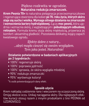 Informacje o kremie Peonia 70+ na zmarszczki, biały tekst na ciemnoróżowym tle, opisujący efekty i skład.