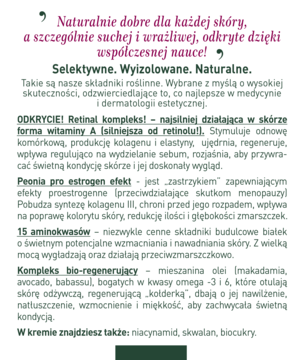 Bliska perspektywa białej etykiety kremu Bioklinika 60+, prezentującej kluczowe składniki aktywne i ich działanie.