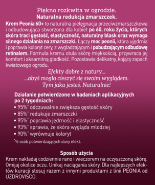 Tekst opisujący krem Peonia 60+ przeciwzmarszczkowy i odbudowujący 60+, z retinolem, na ciemnoróżowym tle.